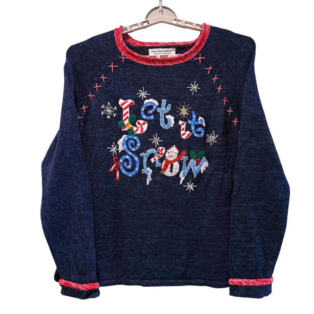 Tiara International Womens Blue Christmas Holiday Let It Snow Snowman Sweater LG